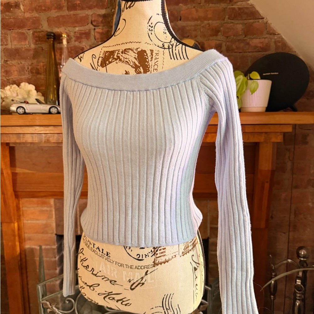 Aerie-Light Blue Off-Shoulder Ribbed Sweater